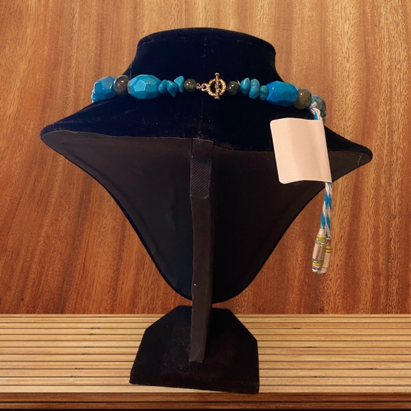 New Natural Turquoise, Pure Gold, & Jade Handmade Necklace Blue Gold Green NWT - Picture 11 of 15